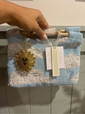 Beaded Bag: Cloud Print Clutch with Sun Charm - Light Blue & White